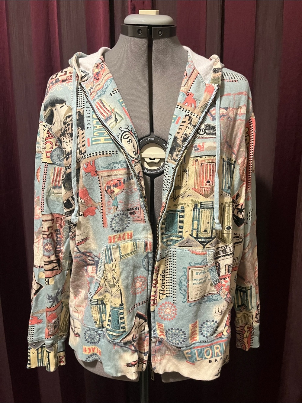 Y2K Units Florida/Travel-Theme Zip-Up Hoodie, Pastels, Size L